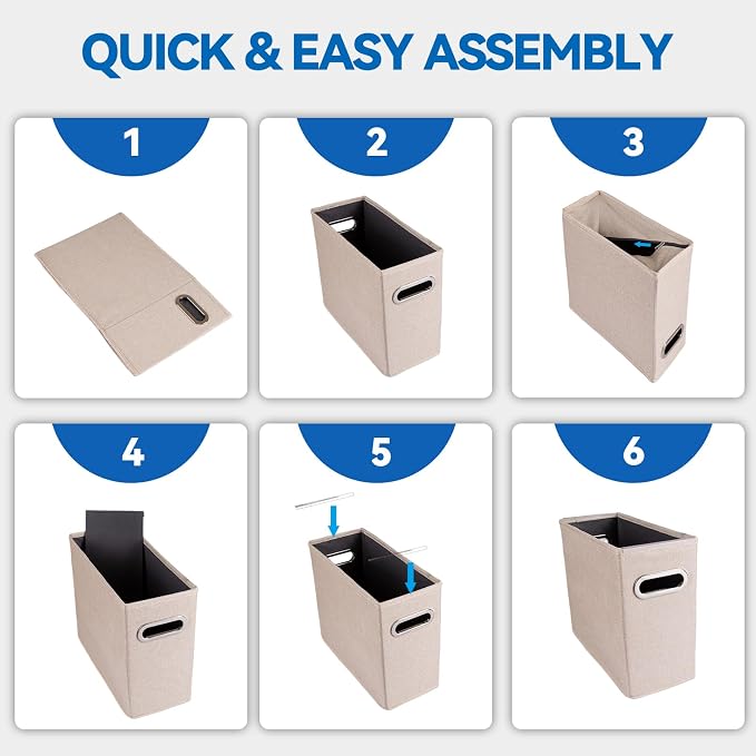 6 Pack Letter Size File Storage Box Collapsible，Fabric Hanging File Folders Organizer, Portable Office Document Holder with Metal Handle, Smooth PVC Rails, Beige