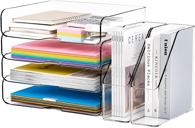 DCA 4 Tier Clear Desk Organizer, Letter Tray with 2 Magazine Holders | Stackable Desktop File Storage | Documents, Books & Supplies | Office & Home | Large Capacity