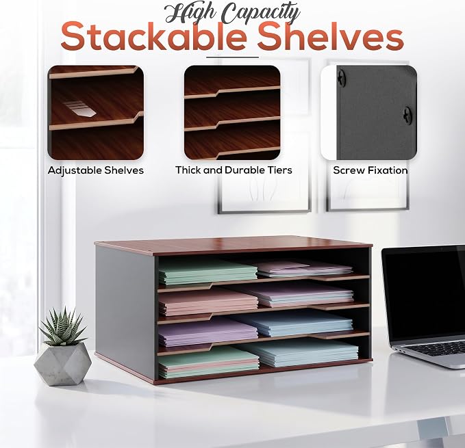 12x18 Construction Paper Organizer, 4-Tier Wooden Flat File for 11x17, A3 & Tabloid Sheets | Durable wood Desk Paper Storage for Classroom, Office & Art Studio