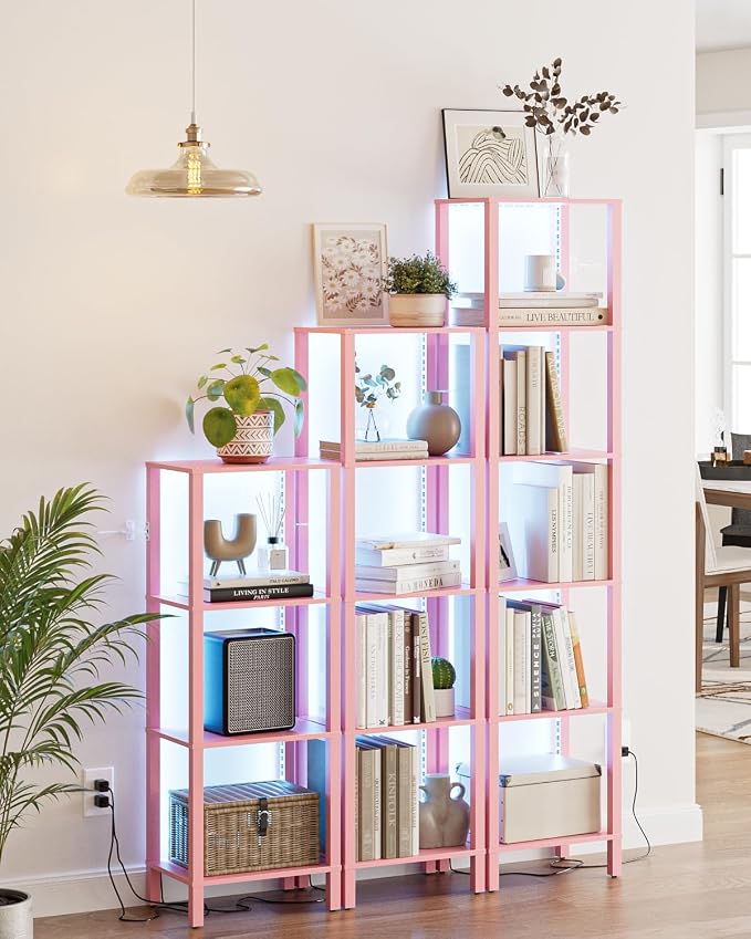 Open Book Shelf with LED Lights, 6 Tier Tall Bookshelf, Freestanding Shelf Narrow Bookcase with Open Shelves, 14.57" x 10.63" x 65.83", Book Shelves for Living Room, Office, Study, Pink