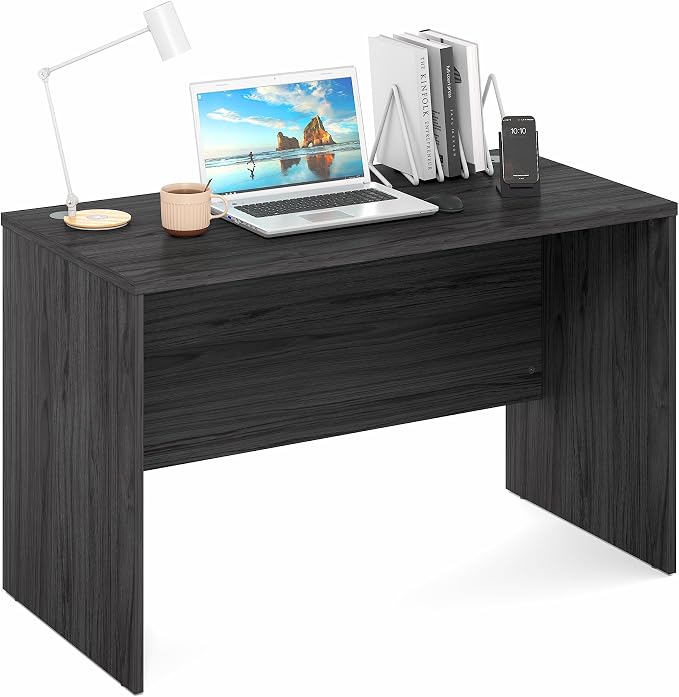 Furinno Roger Computer Desk, 47 Inch Rectangular Executive Desk with Modesty Panel, Home Office Desk with Thick Tabletop, Desk Cord Grommet, Scratchproof, for Home Study, Office, Coastal Grey