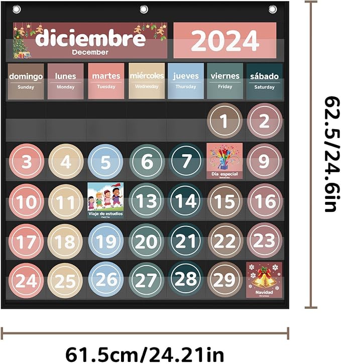Boczif Monthly Calendar Pocket Chart for Classroom(Spanish Black)