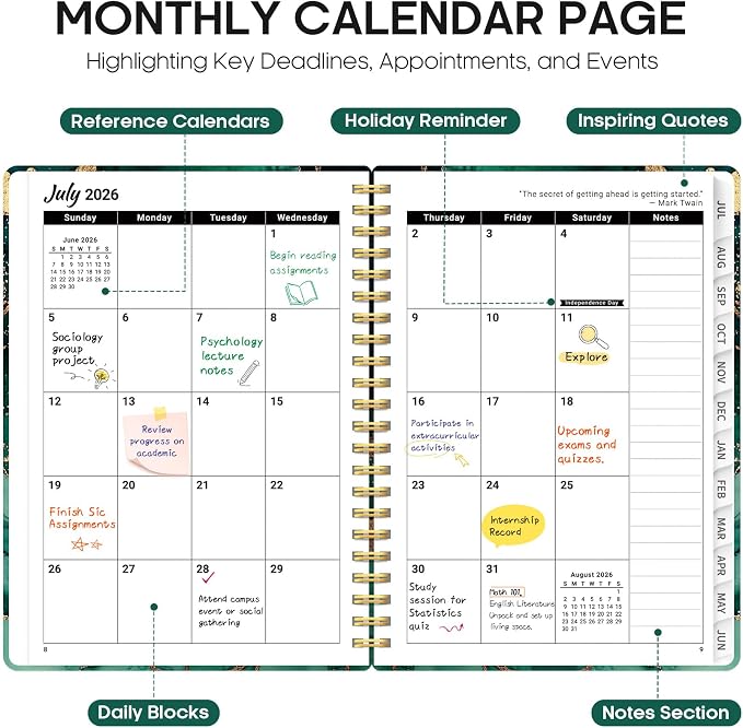 Taja Planner 2026-2027, Jul 2026-Jun 2027 Monthly & Weekly Calendar Planner | 6.3" x 8.5", Hardcover Academic Calendar, Teacher Student Agenda Book with Tabs, School Office Supplies, Emerald Drift