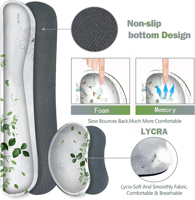 Gaming Mouse Pad Wrist Support Set, XXL Large Desk Mat Mousepad + Keyboard Wrist Support+ Mouse Wrist Rest+Coaster 4in1 Ergonomic, Memory Foam -Green Leaves and Line Flower