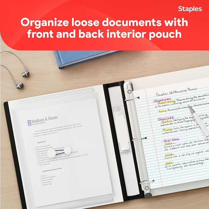 Staples Heavy-Duty 1-Inch D-Ring View Binder, White, 275 Sheets | Clear overlay cover for school and office document organization.