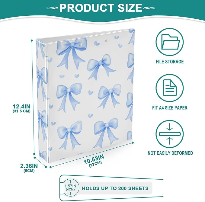 Blue Bows White Round Ring Binders 1.5 Inch 3 Ring Binder with Clipboard Holds 200 Sheets Office Home School