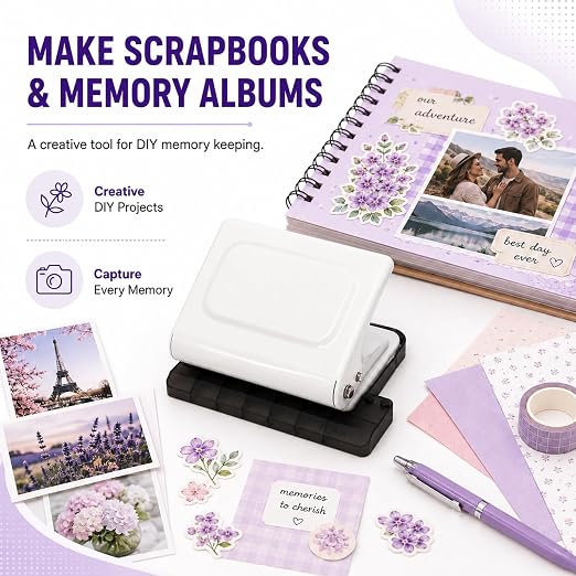 10 Hole Punch Binding Machine Kit for Planner (White) with 10 Multi-Color Spiral Coils, Adjustable A4 A5 B5 Paper Puncher, DIY Notebook Scrapbook Maker for Home Office School Organization