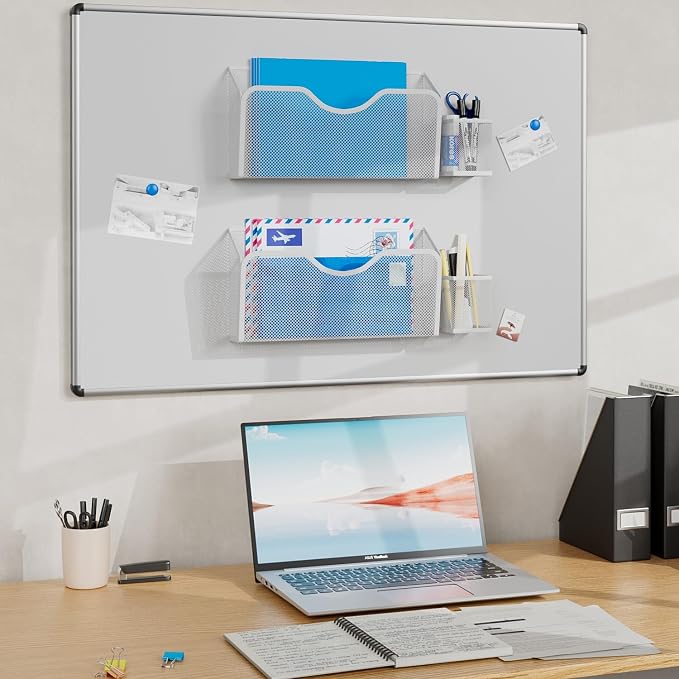 JANE EYRE Magnetic File Holder - 2pcs Hanging File Organizer Magazine Document Paper Holders with 2pcs Pen Holders for Classroom Cabinets Office,No Drilling(WHITE)