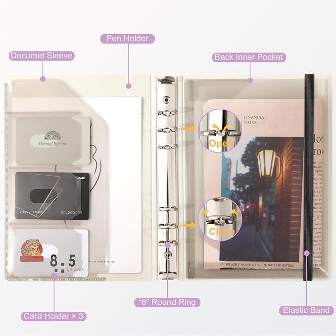 CAGIE A5 Binder 6 Ring Refillable Notebook with Dividers & Pockets | Daily Planning Square Ruled and Dotted Pages, Refill Paper Included, 6.89 x 9.25 In (Purple, A5 Daily & Dot Page)