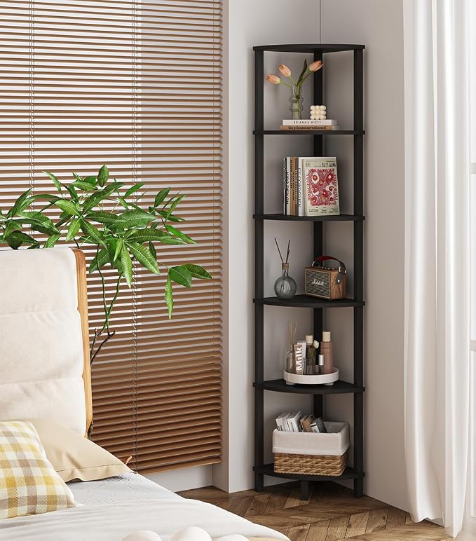 VIMBER Corner Shelf, 6-Tier Corner Bookshelf, Industrial Corner Ladder Shelf, DIY Storage Shelves, Modern Display Shelf for Living Room, Bedroom, Kitchen, Home Office, Black UJSJ004B