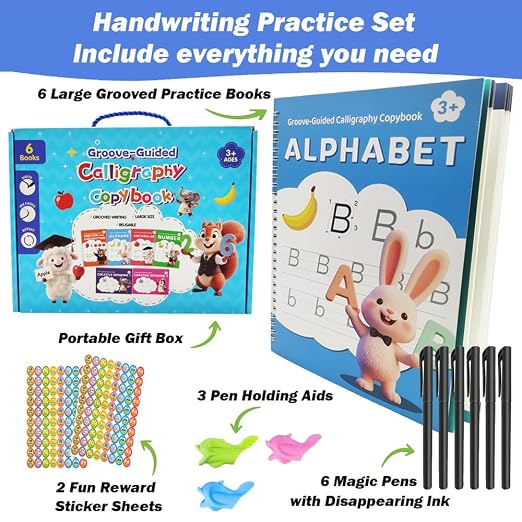 ROYFACC Grooved Writing Books Groove Handwriting Practice for Kids 3-8 Large Reusable Groove Workbooks Tracing Books Preschool Learning Letter Number Math Drawing with Disappearing Ink Pens, 6 Books