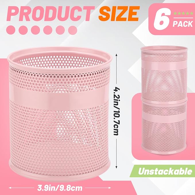 Segarty Pencil Holder, 6 Pack Pink Pen Holder for Desk, 3.9 x 4.2 inch Large Mesh Round Pen Cup Container Set Desktop Accessories Organizer for Office Supply, School Classroom, Makeup Brush