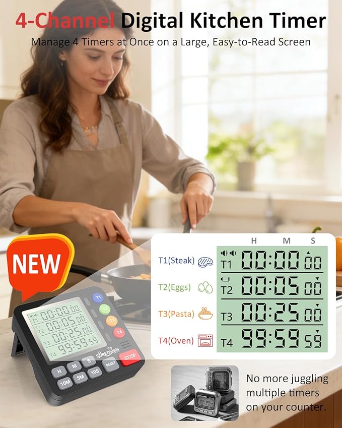 Digital Kitchen Timer for Cooking - 4 Channel Count Up Countdown Timer with Loud Alarm and Silent Mode, Large Display, Magnetic Back, Auto Memory for Classroom Study Gym, Battery Included (Black)