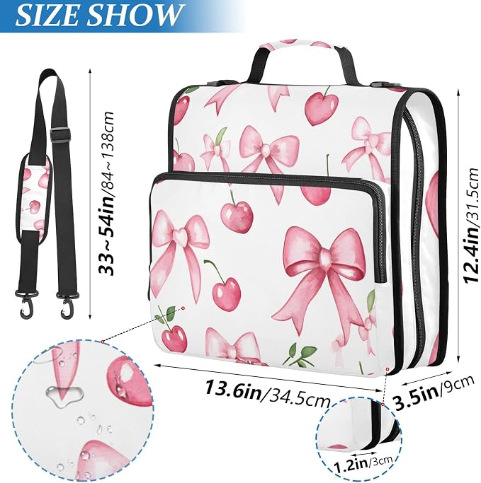Pink Bow Cherry 3 Ring Zipper Binder Bag Binder Organizer with Handle Shoulder Strap for School Work Office Supplies
