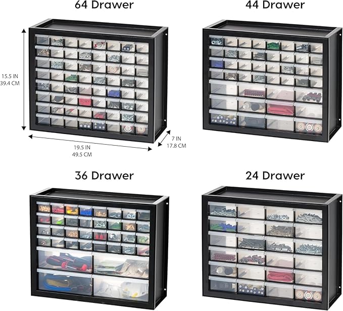 IRIS USA Screw Tool Organizer Small Parts Cabinet, 44-Drawer, Electronics Hardware Nuts and Bolts Plastic Storage Drawers Garage Storage, Stackable Bead Craft Organizer Building Bricks Sorter, Black