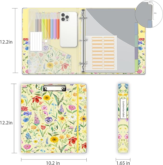 3 Ring Binder 1 Inch, Three Ring Binders Organizer with Clipboard, 5-Tabs Pockets Dividers, Plastic Folder, 18 Divider Stikers, KLLVE Cute Binder with Pen Loop (Garden Party, Letter Size)