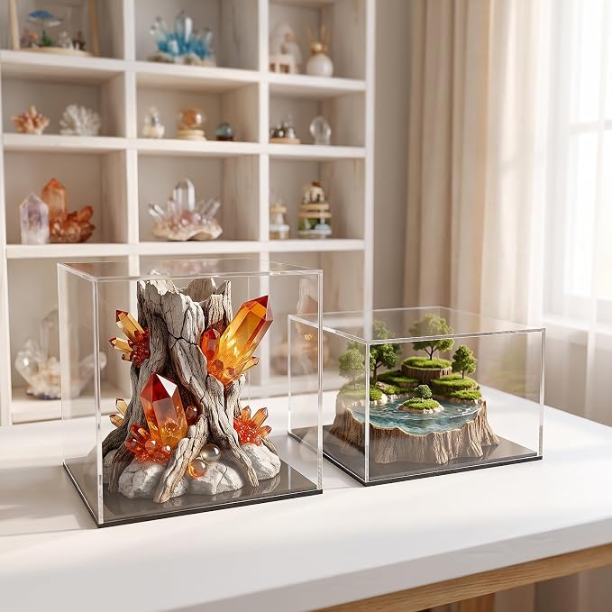 Fully Assembled Clear Acrylic Boxes with Black Base 6x6x4 Inch | Clear Cube Dustproof Acrylic Display Box for Collectibles, Countertop Storage Box Cube Organizer Stand Riser for Display