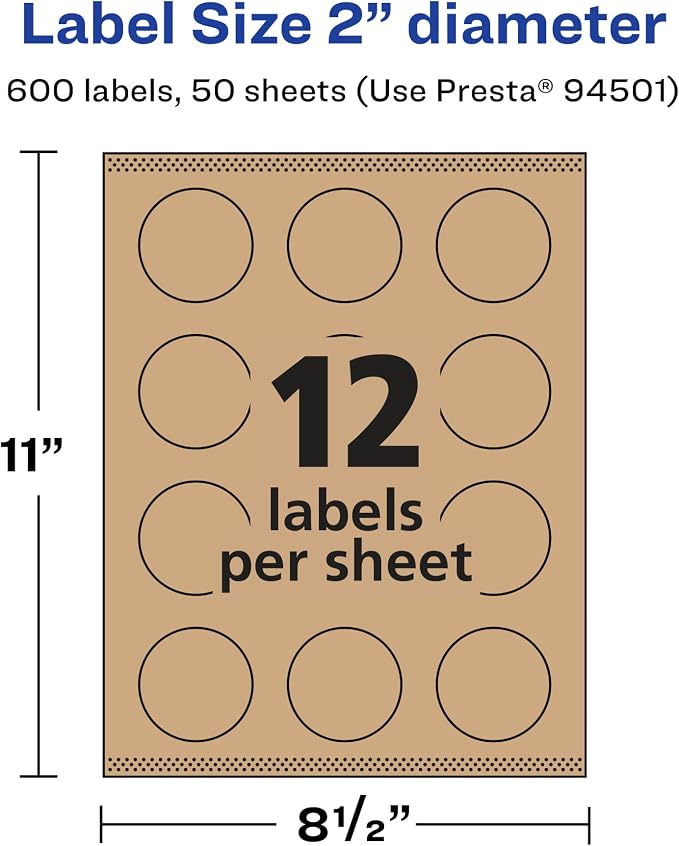Avery® Kraft Brown Round Labels, Sure Feed® Technology, 2" Diameter, 600 Kraft Brown Labels, Print-to-The-Edge, Laser/Inkjet Printable