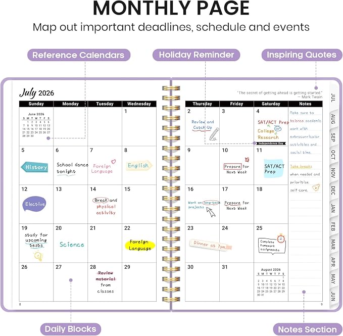 Taja Planner 2026-2027, Jul 2026-Jun 2027 Monthly & Weekly Calendar Book | 8.5" x 11", Hardcover Academic Calendar with Tabs, Teacher Student Agenda Book for School Office Supplies - Lilac Purple