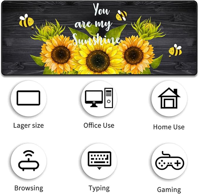 Large Gaming Mouse Pad 31.5x11.8 Inch Keyboard Pad + Ergonomic Wrist Rest Pad and Coaster with Non-Slip 3-Piece Desk Supplies Set, Sunflower, You are My Sunshine Design for Gamers/Office/Study