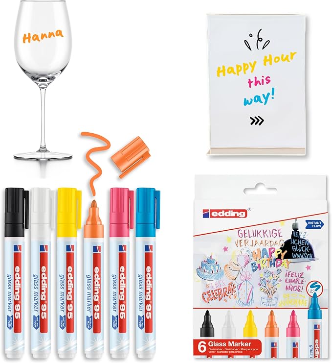 edding 95 Glass Marker - Multi-Colored - 6 Glass pens - Round Nib 1.5-3 mm - Washable Window Marker Pen - for Writing and Marking on Glass Surfaces, Windows, glassboards, whiteboards - Dry-wipeable