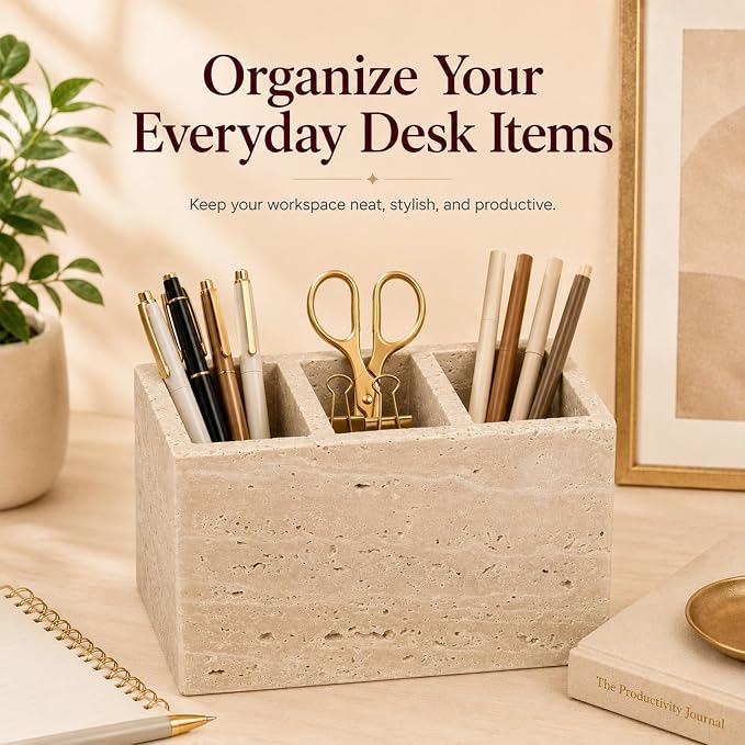 Travertine Desk Organizer, 3 Compartment Pencil Holder | for Pens, Makeup Brushes, Office Supplies and Bathroom Counter Decor, 5.91 x 3.94 x 3.94 in