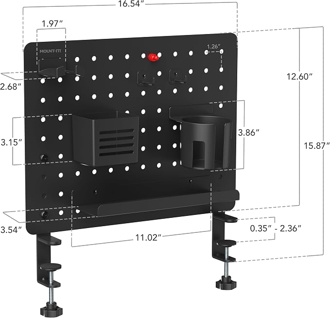 Mount-It! Clamp-On Magnetic Pegboard Organizer, 16.5x15.9 | No-drill desktop storage with 7 accessories, vertical or horizontal mount for home office, gaming & crafting, black.