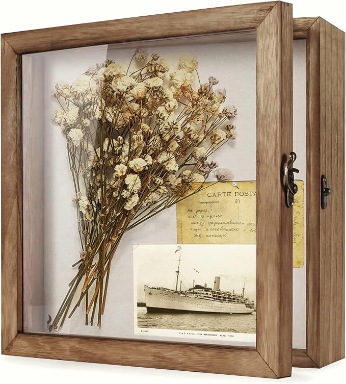 TJ.MOREE Shadow Box 12x12 Memory Display Case Wood Picture Frame Carbonized | Fits 10.6x10.6 Inserts with Linen Back & Glass, Rustic Keepsake Box for Pet Memorabilia Gifts Wedding Bouquet Military Medals