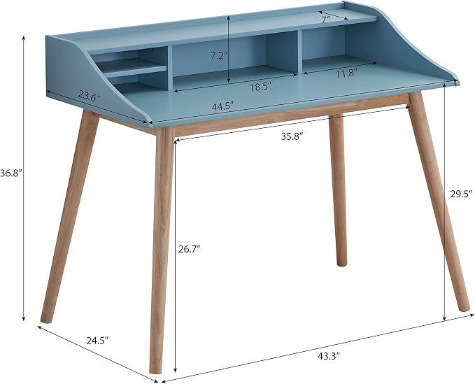 Roskilde Mid-Century Modern Wood Writing Desk with Hutch, Blue