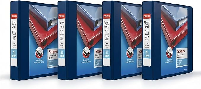 Staples Heavy Duty 1 1/2" 3-Ring View Binder, D-Ring, Blue, 4/Pack