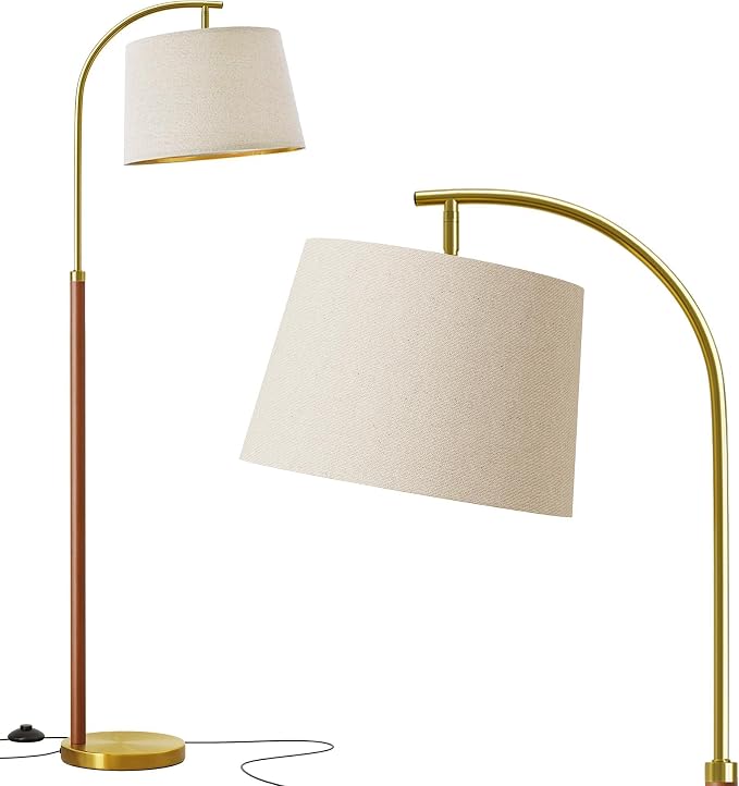 G-SAFAVA Real Wood Floor Lamps for Living Room Bedroom, 62.5" Mid Century Modern Lamp Gold Standing Tall Arc Lamps with Foot Switch, Floor Lamps for Nursery Office Decor Corner Reading Room Light