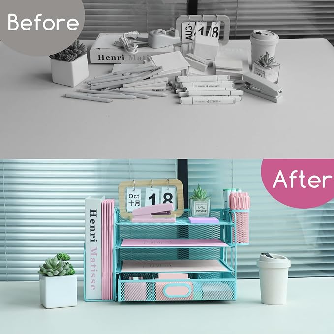 Desk Organizers and Accessories with File Holder, 4-Tier Paper Letter Tray Organiser with Drawer and 2 Pen Holder, Mesh Desktop Document Organizer for Office Supplies, Workspace - Blue