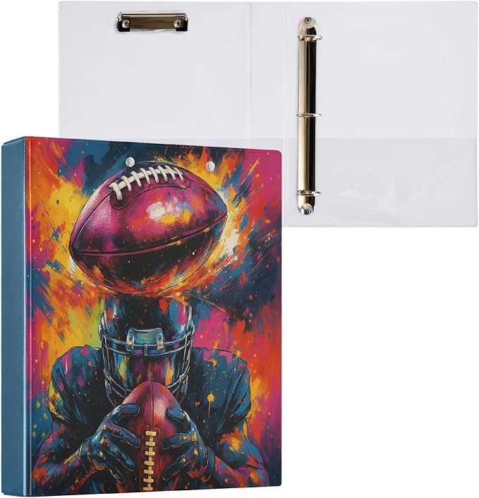 Football Round Ring Binders 1.5 Inch American Soccer Rugby Ball Outdoor Sport 3 Ring Clipboard Binder for Office School Work Supplies File Folder 200 Sheet Capacity Easy Open 2 Pieces