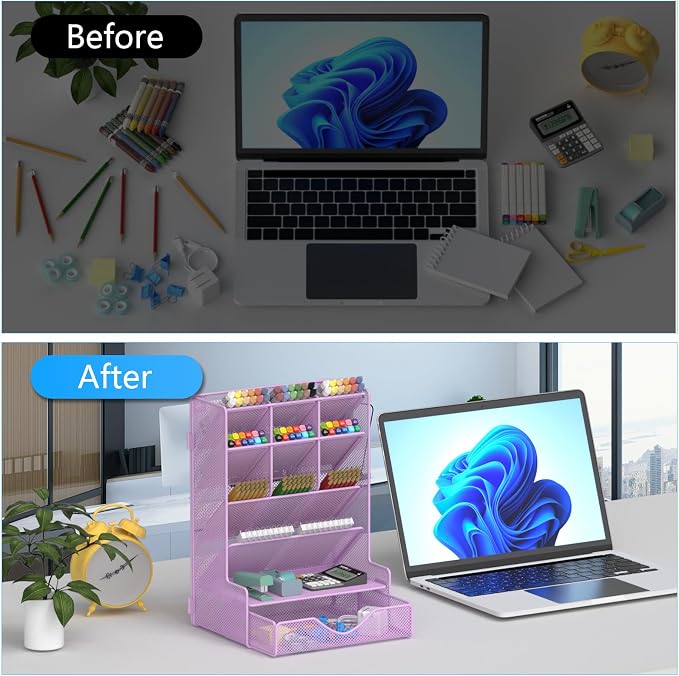 BOHDK Pen Organizer for Desk, Multi-Functional Desk Organizer, Wall Mount Pen Holder with Drawer for School, Office, Home, Art Supplies, Purple