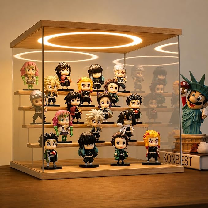 Acrylic Display Case with Adjustable LED Light, 5 Tier Clear Display Box Dustproof Showcase for Action Figures, Collectibles and Mini Toys, Assembly Display Cabinet(Wood 12.5×12.2×11.8in)