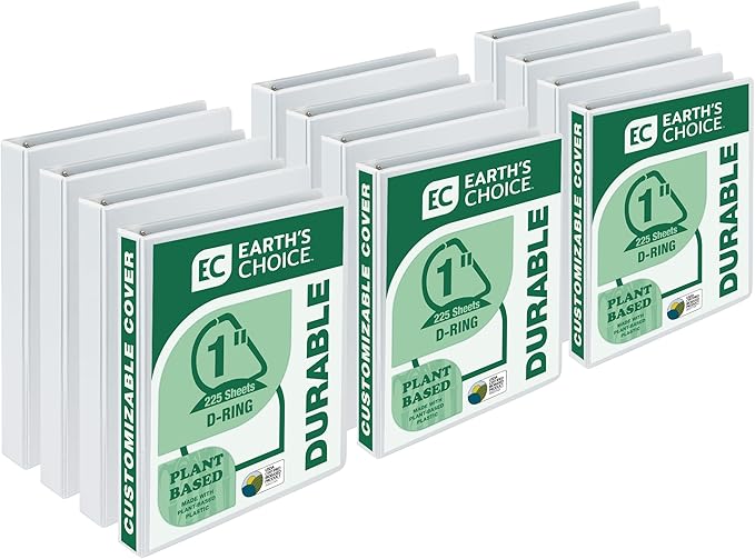 Samsill Plant-Based 1 Inch Durable Round Ring, View Binder, Eco-Friendly, USDA Certified Biobased, 12 Pack, White