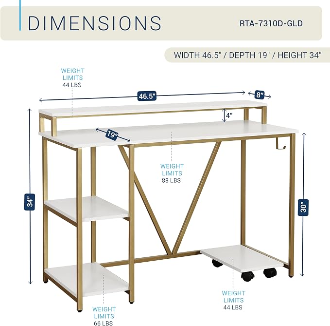 Techni Mobili 47" Computer Desk w/Shelves, Monitor Stand & CPU Caddy, Gold | 47" industrial computer desk with shelves, monitor stand, accessory holder, mobile CPU caddy, 2‑tier shelf for home office