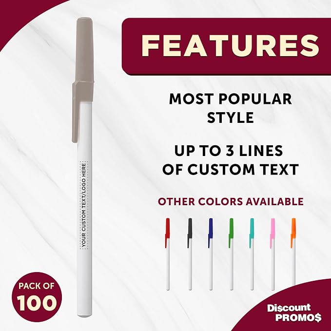 DISCOUNT PROMOS Custom Value Stick Pens Set of 100, Personalized Bulk Pack - Black Ink, Great for Office, School, Business, Tradeshows, Events - Grey