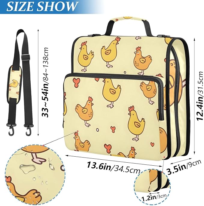 3 Ring Zipper Binder with Shoulder Strap Cute Chicken Yellow Farm 1.5 inch Binders Keeper Large Capacity Multi Pockets for School Office Supplies