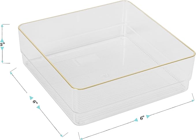 Martha Stewart Kerry Stackable Desk Drawer Organizers, Clear/Gold, 4-Pack | 6x6 in Organizers, Gold Trim, Stackable