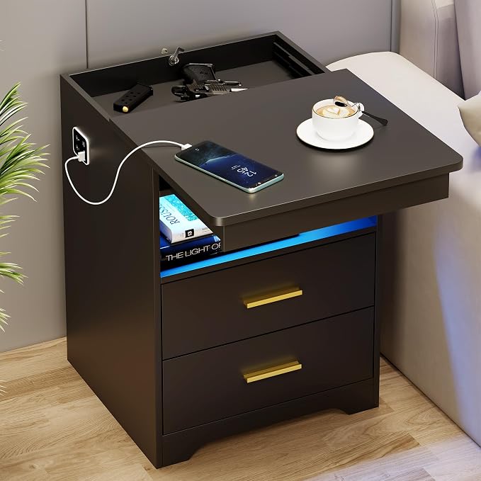 LED Nightstand with Gun Drawer & Charging Station | 3-Color Lights & Human Body Sensor, Smart USB Type-c, 2 Drawers Hidden Storage, End Table Bedroom Livingroom