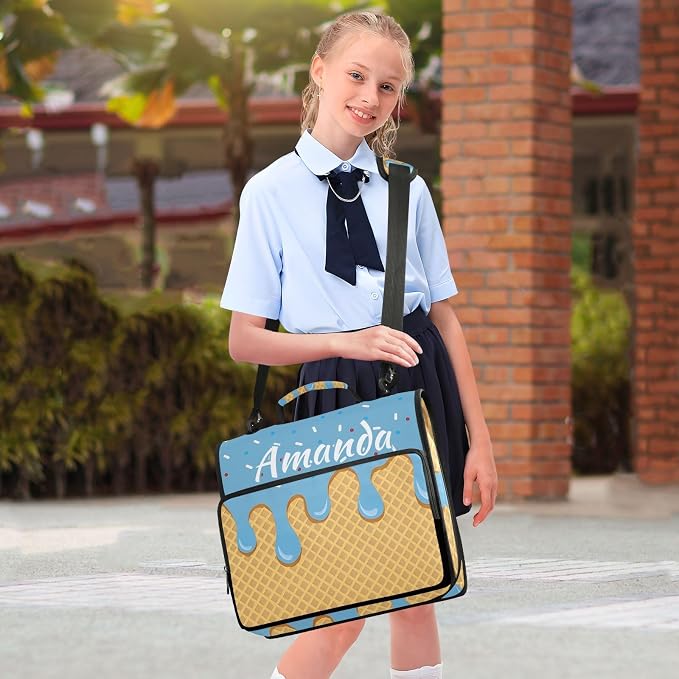 Custom 3 Ring Zipper Binder Blue Ice Cream Personalized Name 1.5 inch Binders Large Capacity Multi Pockets for School Office Supplies
