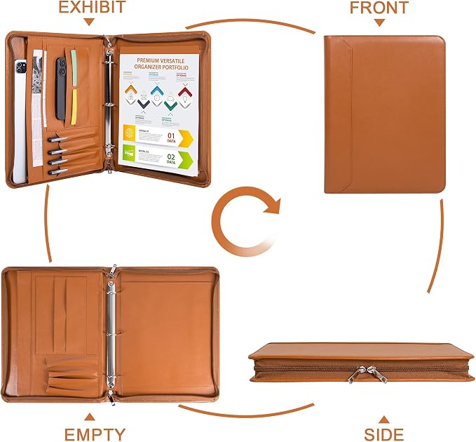 Brown Vegan Leather Binder Portfolio for Women and Men,3 Ring Padfolio Binder with Zipper, A4 Planner Folder with Laptop Pocket,Legal Size Portfolio,Work File Organizer for Women(Brown)