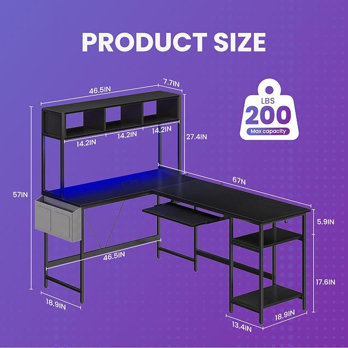DUMOS 67" L Shaped Gaming Desk, Reversible Computer Desks with LED Lighting | Corner Desk for Compact Spaces, Keyboard Tray & Storage Shelf, Home Office, Black