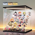 LANSCOERY Acrylic Display Case for Collectibles, 5-Tier LED Light, Black | 3mm clear acrylic panels with front door access and tri-color top light for small figures on a desk or shelf.