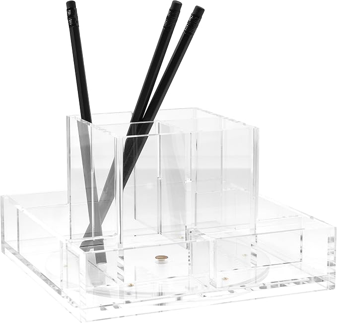 russell+hazel Acrylic Carousel Pen Holder for Desk, Clear, 4 Compartments | Keeps pens, pencils & small supplies sorted in a revolving caddy. Four clear acrylic compartments with polished edges.