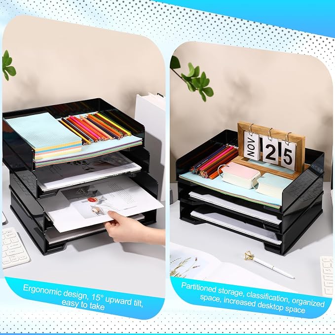 DoubleFill 4 Pcs Stackable Letter Tray Rectangular Plastic Desk Organizer 13 x 9.5 x 2.6 in Paper Holder File Tray Accessories Rack for Desktop Office Desk Drawers (Black)