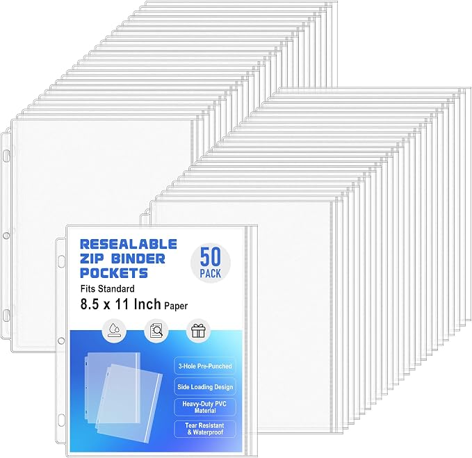 50 Pack Letter Size Binder Pockets for 3 Ring Binder, Waterproof Resealable Zip Loose Leaf File Bags Document Organizer Folders Insert Page Sleeves PVC 3-Hole Sheet Protectors for 8.5x11 Paper