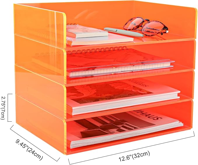 Gelite Acrylic File Organizer for Desk 4 Tiered Stackable Letter Tray Office Paper Storage Desktop Document Sorter, Neon Orange