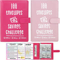 2 Pack 100 Envelopes Money Saving Challenge, Cash Budget Planner A5 Binder | Savings Challenges Book Organizer Folder with 3 Tracker to Save $5,050 $2,600 $300, 100 Pre-numbered Pockets, Red & Pink